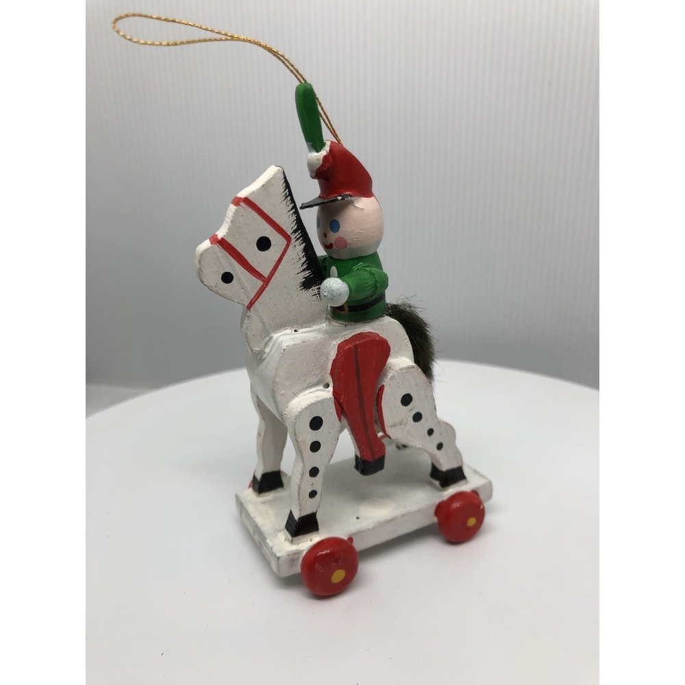 Vintage‎ Wood Soldier On A Rolling Horse Christmas Ornament 4" Hand painted